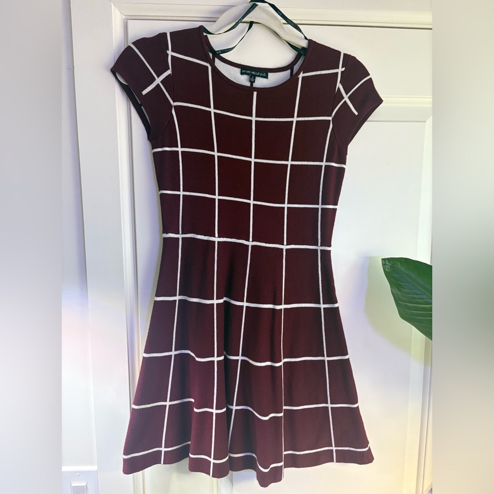 My Michelle Burgundy and White Checkered Mini Dress